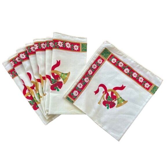 Vintage Christmas Napkins or Doillies set of 8 in red and green with Golden horn - Picture 2 of 10